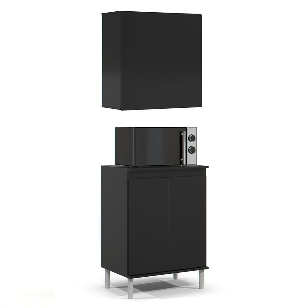 Armário De Cozinha Aéreo E Balcão Com Tampo Italy Preto - Ej Móveis - 1