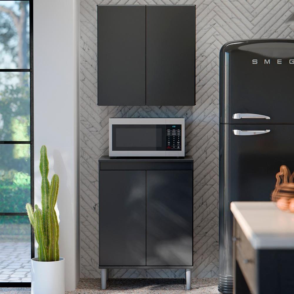 Armário De Cozinha Aéreo E Balcão Com Tampo Italy Preto - Ej Móveis - 2