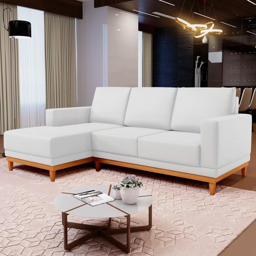 Sofá 3 Lugares 200cm Living Com Chaise Esquerdo Sala De Estar Kayrós D05 Sintético Branco - Mpozenato - 2