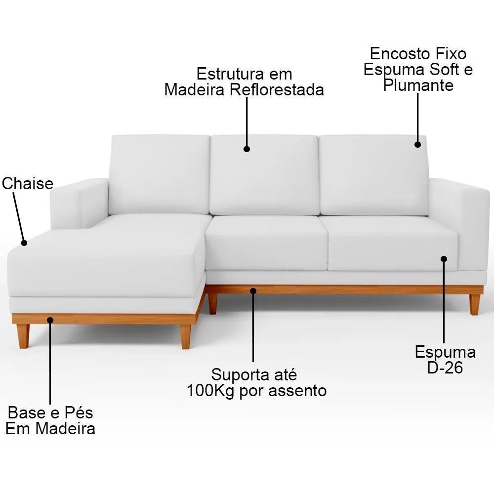 Sofá 3 Lugares 200cm Living Com Chaise Esquerdo Sala De Estar Kayrós D05 Sintético Branco - Mpozenato - 3
