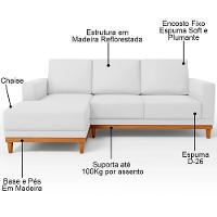 Sofá 3 Lugares 200cm Living Com Chaise Esquerdo Sala De Estar Kayrós D05 Sintético Branco - Mpozenato - 3