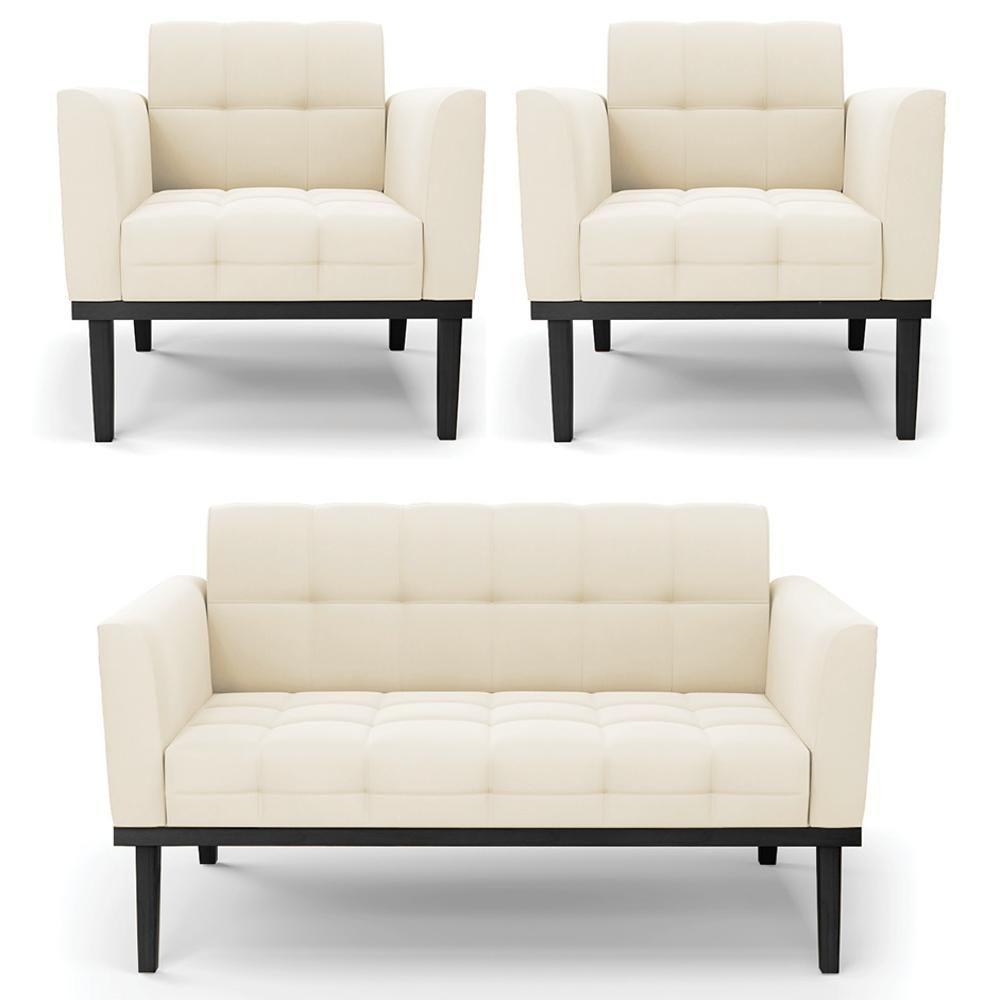 Sofá Namoradeira E 2 Poltronas Base Madeira Preto Ana Veludo Bege - Ibiza - 1