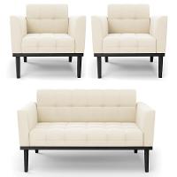 Sofá Namoradeira E 2 Poltronas Base Madeira Preto Ana Veludo Bege - Ibiza - 1