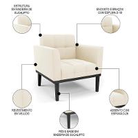 Sofá Namoradeira E 2 Poltronas Base Madeira Preto Ana Veludo Bege - Ibiza - 5