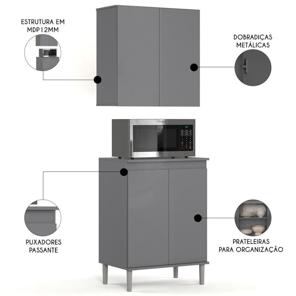 Armário De Cozinha Aéreo E Balcão Com Tampo Italy Cinza - Ej Móveis - 3