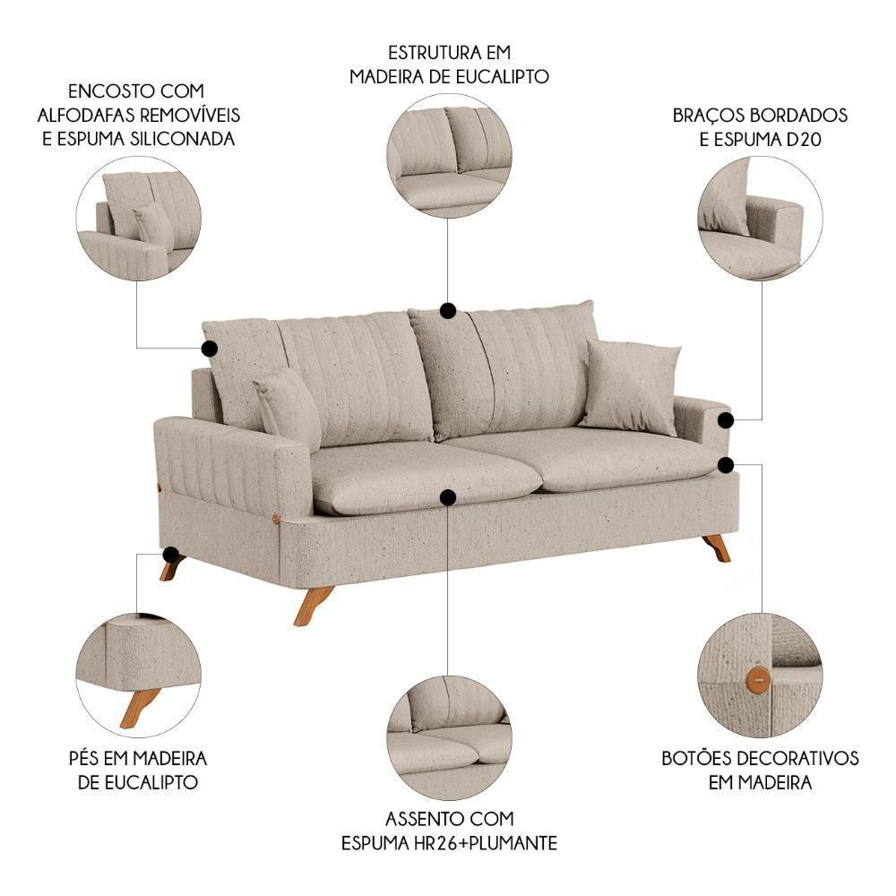 Sofá 160cm 2 Lugares Com Almofadas Pés Curvos Veras Linho D05 Bege - Mpozenato - 3