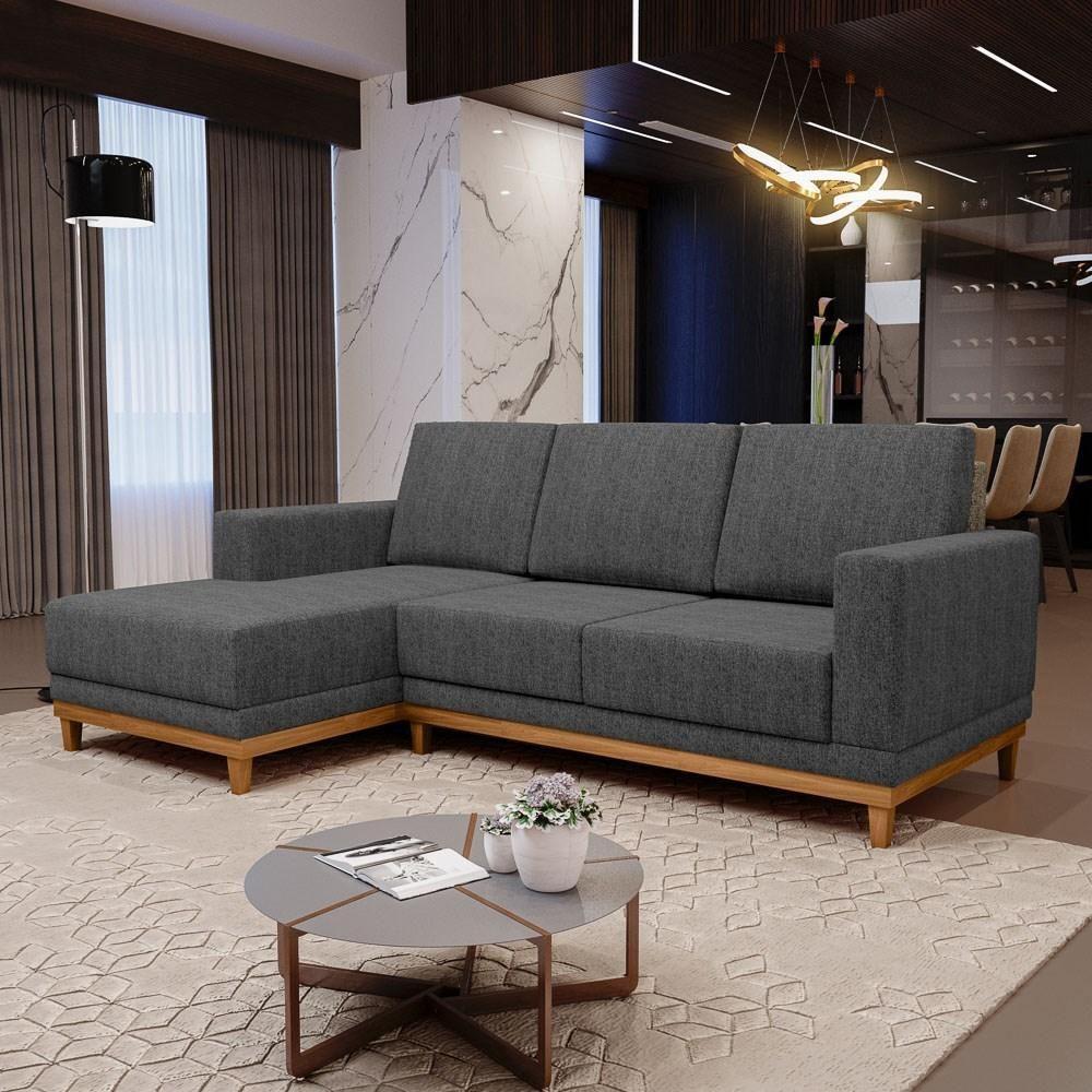 Sofá Living 200cm 3 Lugares Com Chaise Esquerdo Kayrós D05 Linho Chumbo - Mpozenato - 4