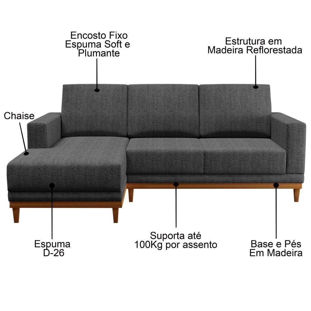 Sofá Living 200cm 3 Lugares Com Chaise Esquerdo Kayrós D05 Linho Chumbo - Mpozenato - 6