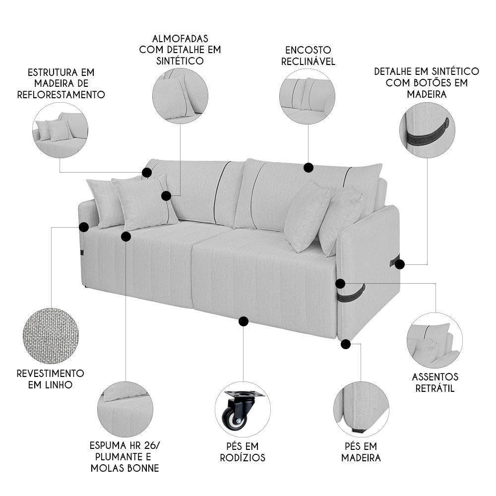 Sofá Cama Retrátil 160cm Essence D05 Linho Cinza/preto - Mpozenato - 3