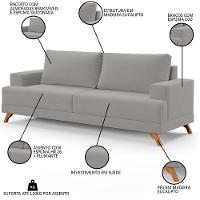 Sofá 3 Lugares 200cm Living Pés Curvos Santi D05 Suede Cinza - Mpozenato - 3