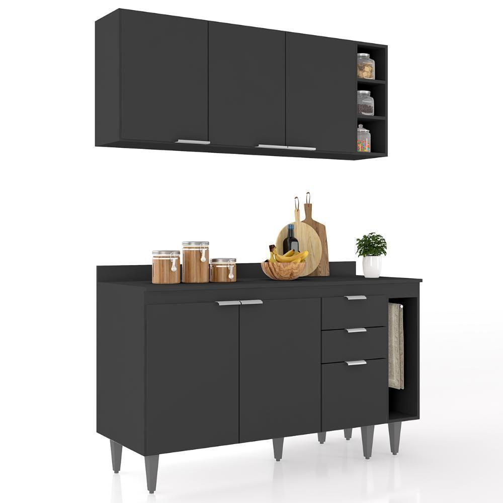 Armário De Cozinha Com Tampo Cp08 140cm Pérola Preto Z34 - Mpozenato - 1