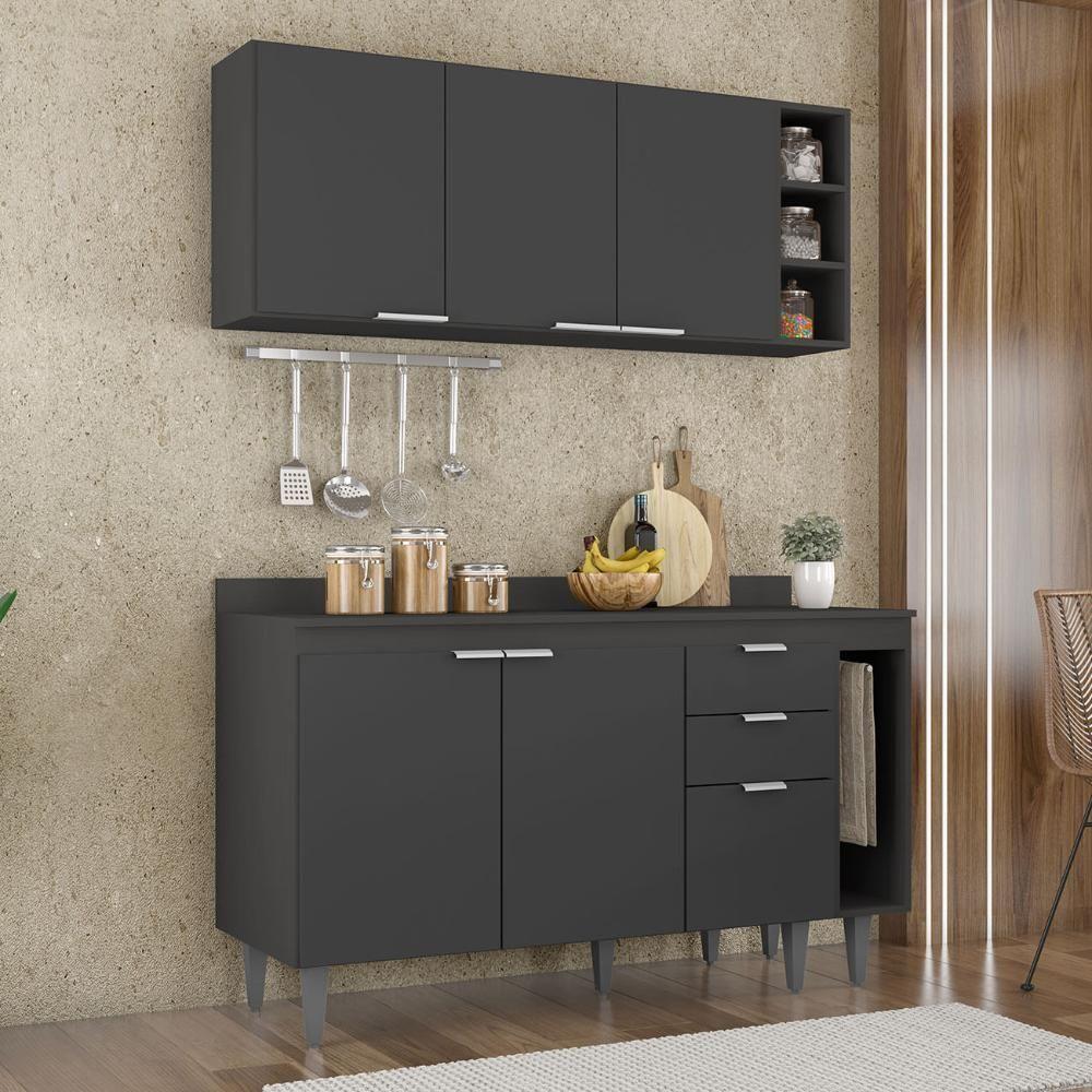 Armário De Cozinha Com Tampo Cp08 140cm Pérola Preto Z34 - Mpozenato - 2