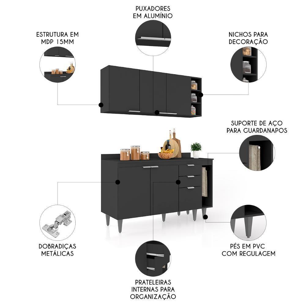 Armário De Cozinha Com Tampo Cp08 140cm Pérola Preto Z34 - Mpozenato - 3