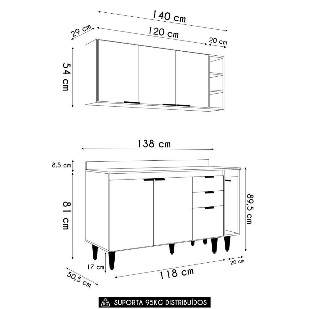 Armário De Cozinha Com Tampo Cp08 140cm Pérola Preto Z34 - Mpozenato - 4
