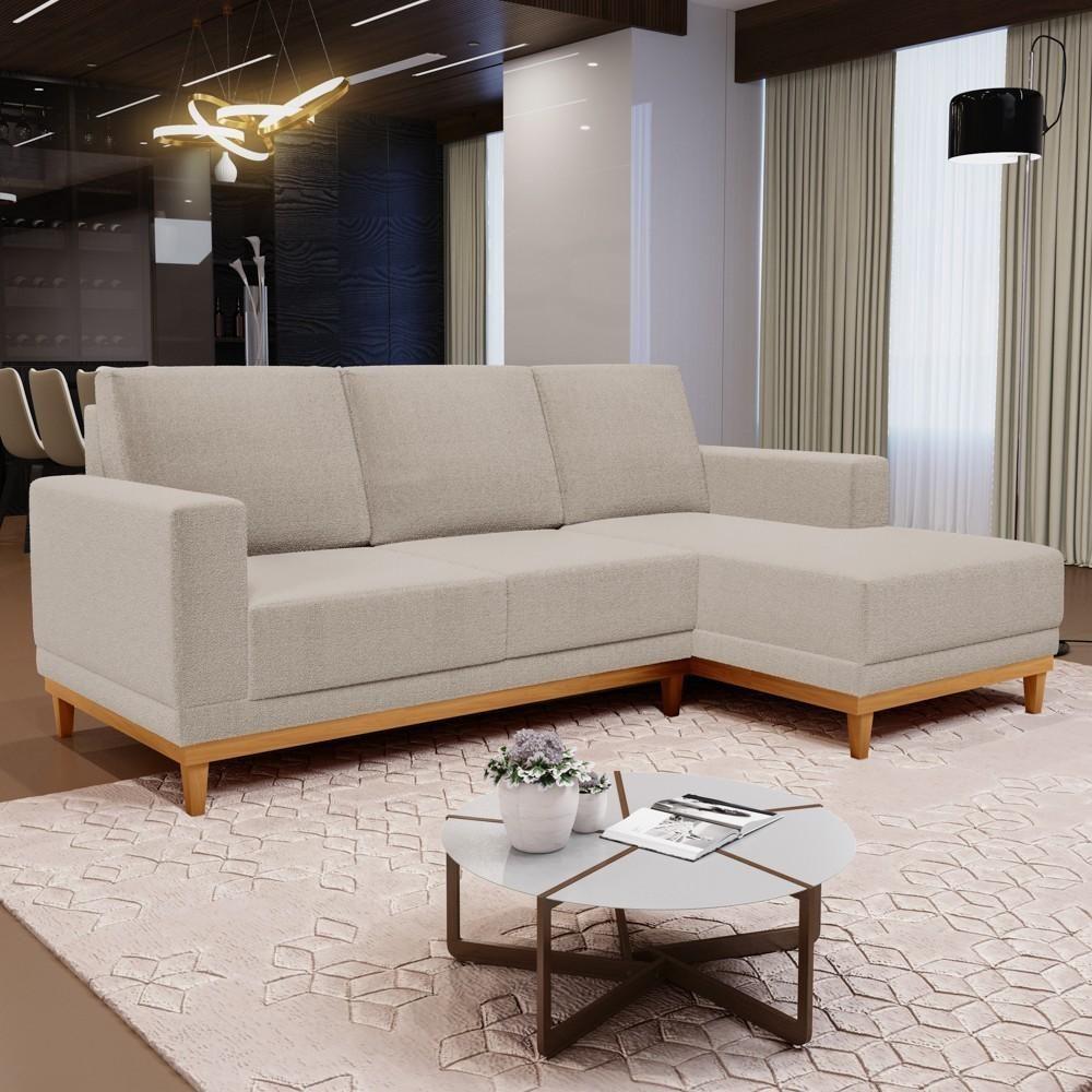 Sofá Living 200cm 3 Lugares Com Chaise Direito Kayrós D05 Boucle Bege - Mpozenato - 2