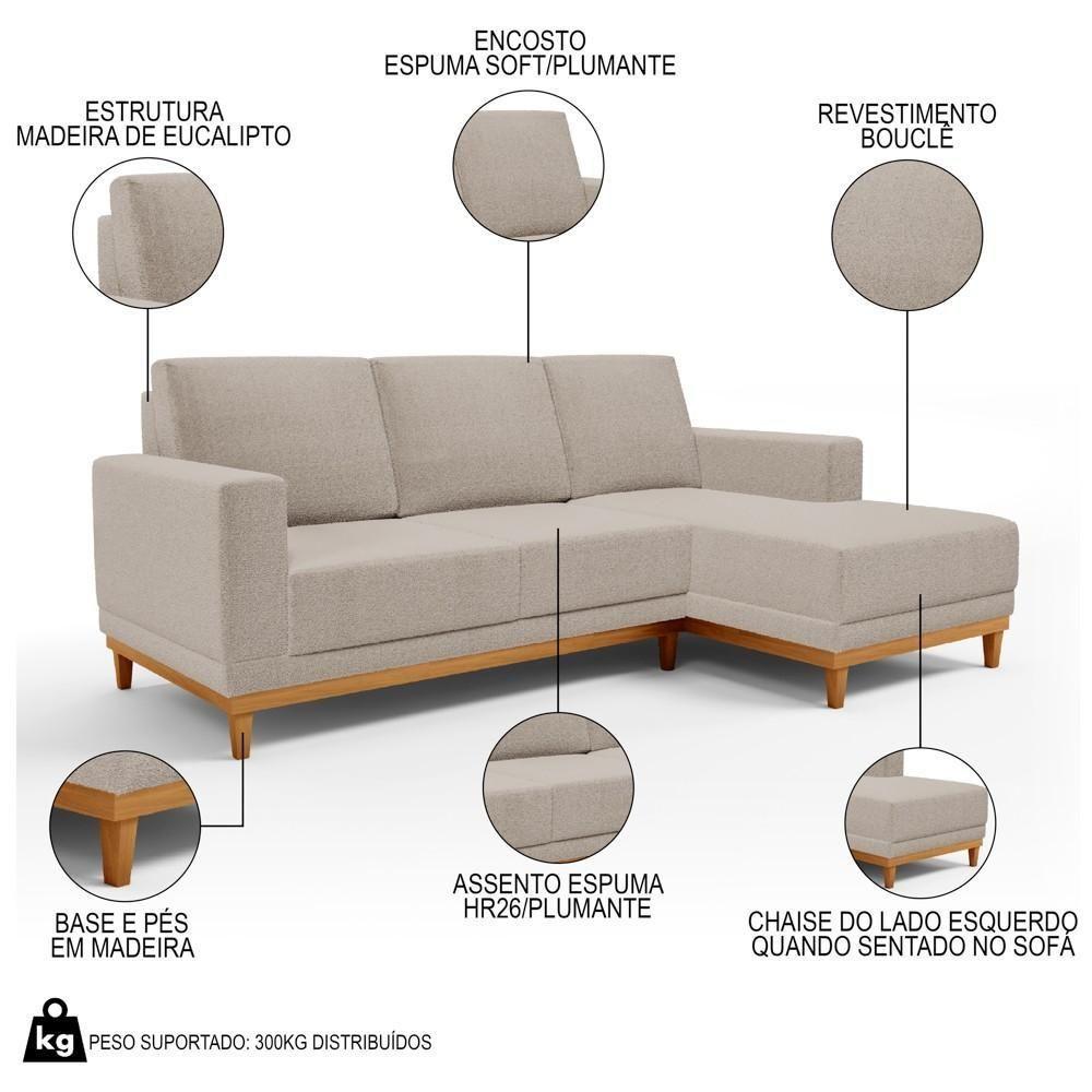 Sofá Living 200cm 3 Lugares Com Chaise Direito Kayrós D05 Boucle Bege - Mpozenato - 3