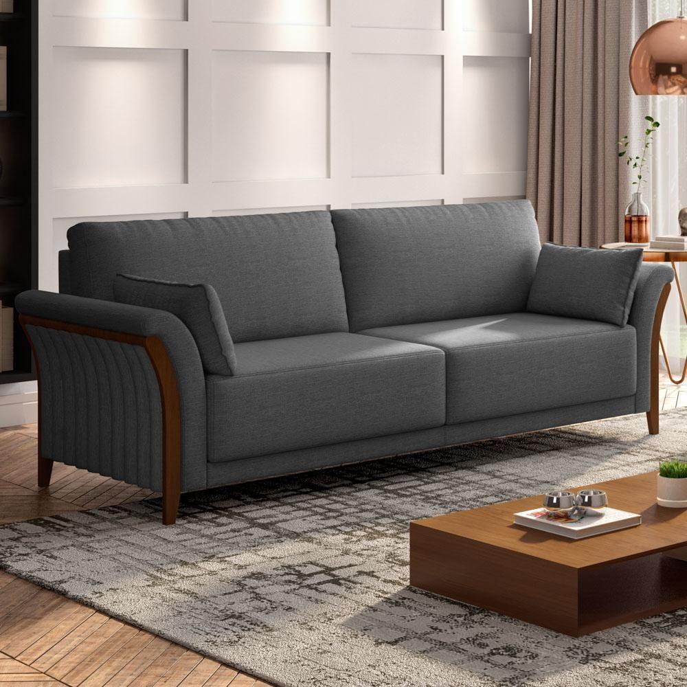 Sofá Living 3 Lugares 222cm Pés Madeira Roya M22 Linho Cinza Escuro - Mpozenato - 2