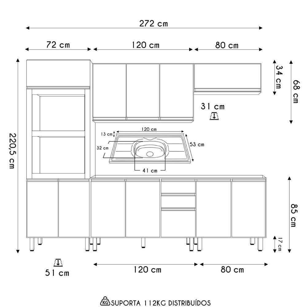 Armário De Cozinha 5 Peças Com Pia 120cm Jany N03 Carvalho/off - Mpozenato - 4