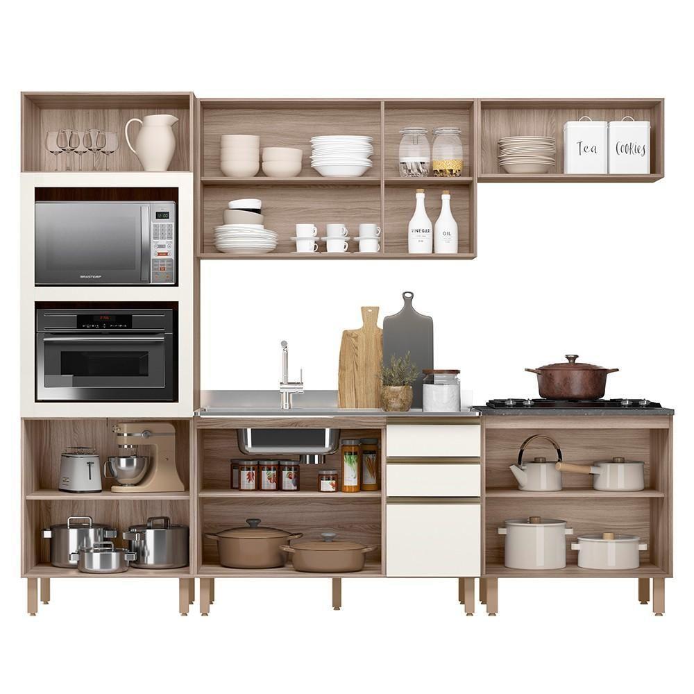 Armário De Cozinha 5 Peças Com Pia 120cm Jany N03 Carvalho/off - Mpozenato - 5