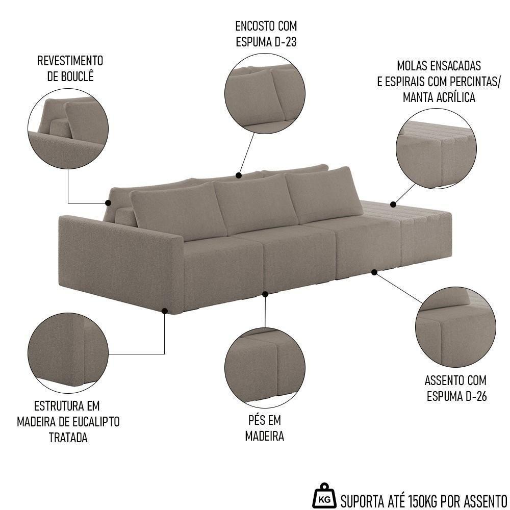 Sofá Ilha Modular Com Puff Para Sala Living 312cm Georgia K04 Bouclê Bege Escuro - Mpozenato - 3