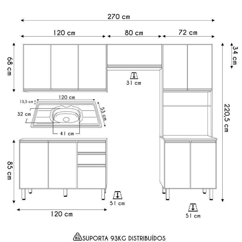 Armário De Cozinha 4 Peças E Pia 120cm Lita N03 Carvalho/grafite - Mpozenato - 4