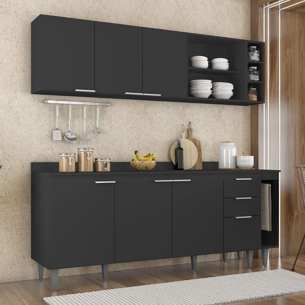 Armário De Cozinha Com Tampo Cp11 200cm Pérola Preto Z34 - Mpozenato - 2