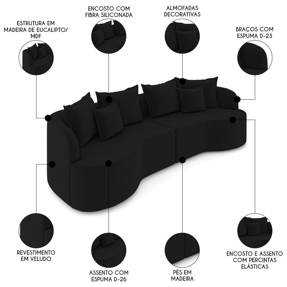 Sofá 4 Lugares 270cm Orgânico Quito K04 Veludo Preto - Mpozenato - 4