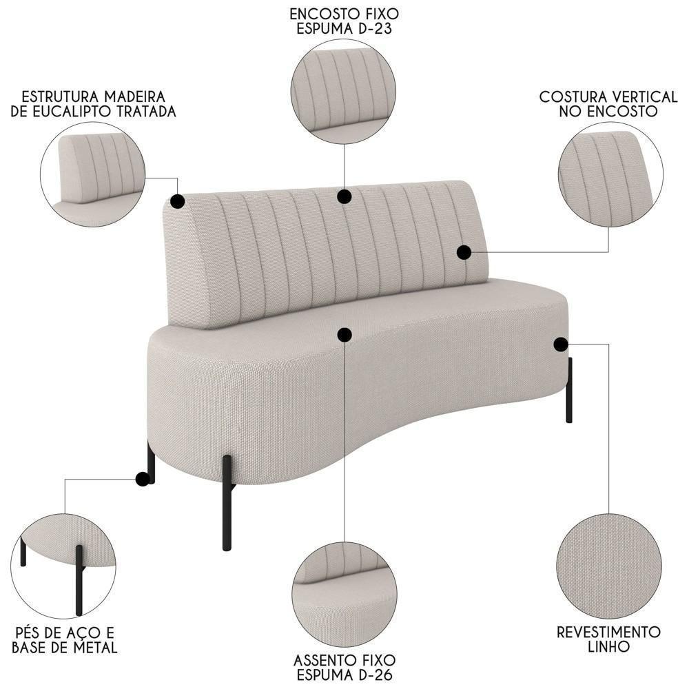 Sofá 2 Lugares 135cm Pés Aço Preto Tamar K04 Linho Areia - Mpozenato - 4