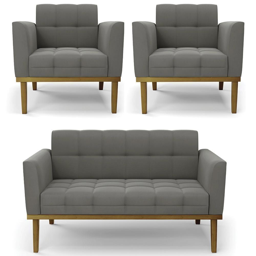 Sofá Namoradeira E 2 Poltronas Base Madeira Castanho Ana Suede Grafite - Ibiza - 1