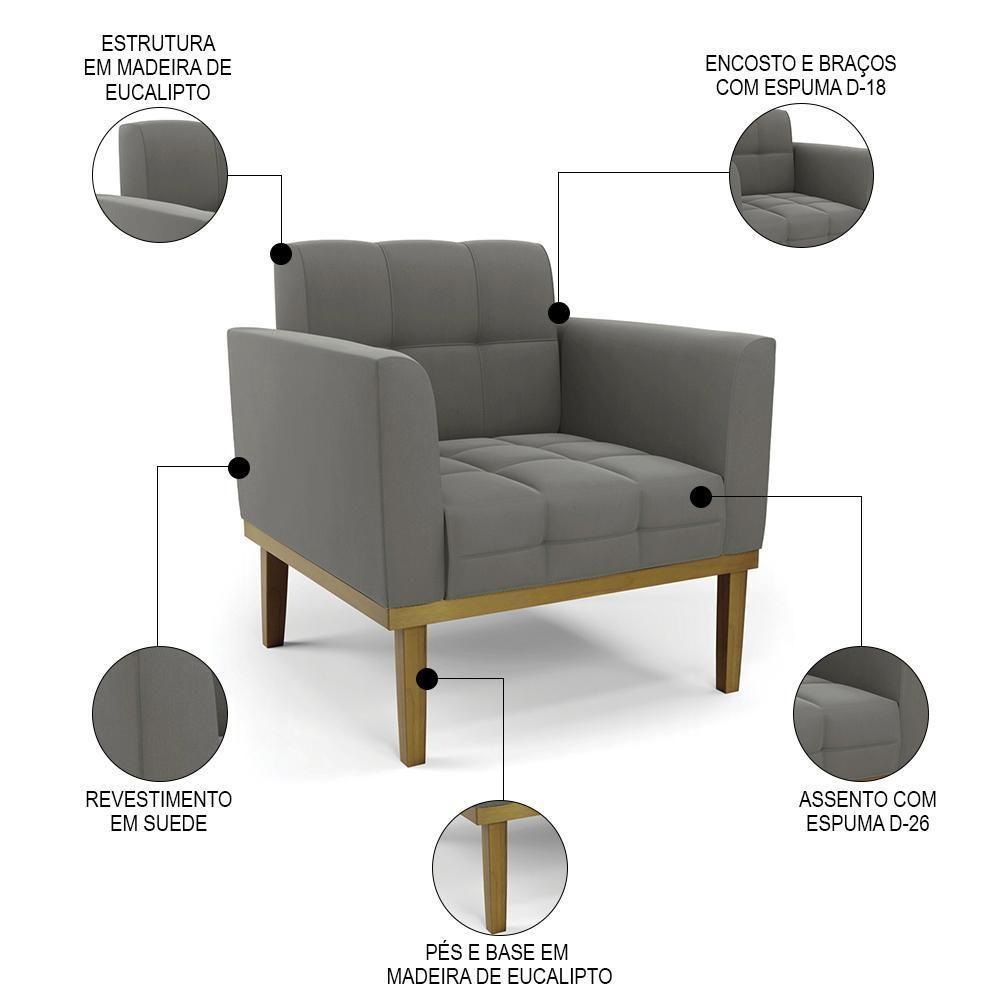 Sofá Namoradeira E 2 Poltronas Base Madeira Castanho Ana Suede Grafite - Ibiza - 2