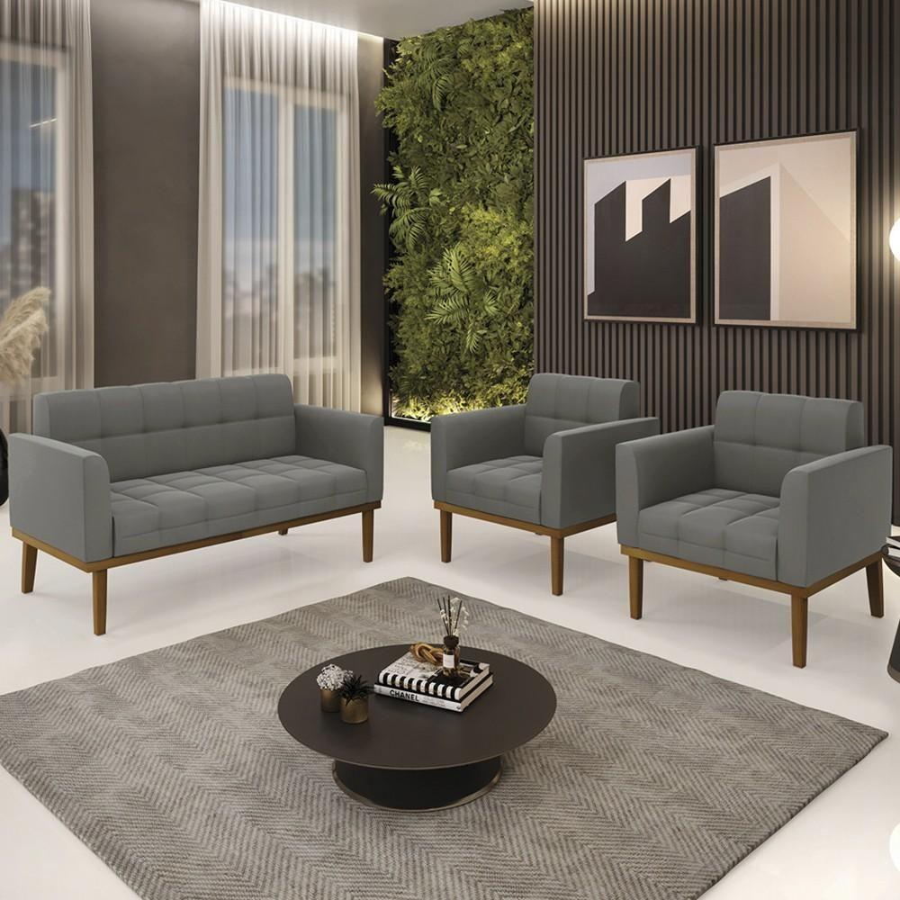 Sofá Namoradeira E 2 Poltronas Base Madeira Castanho Ana Suede Grafite - Ibiza - 3