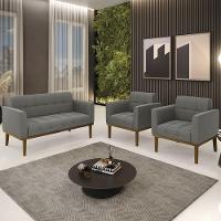 Sofá Namoradeira E 2 Poltronas Base Madeira Castanho Ana Suede Grafite - Ibiza - 3