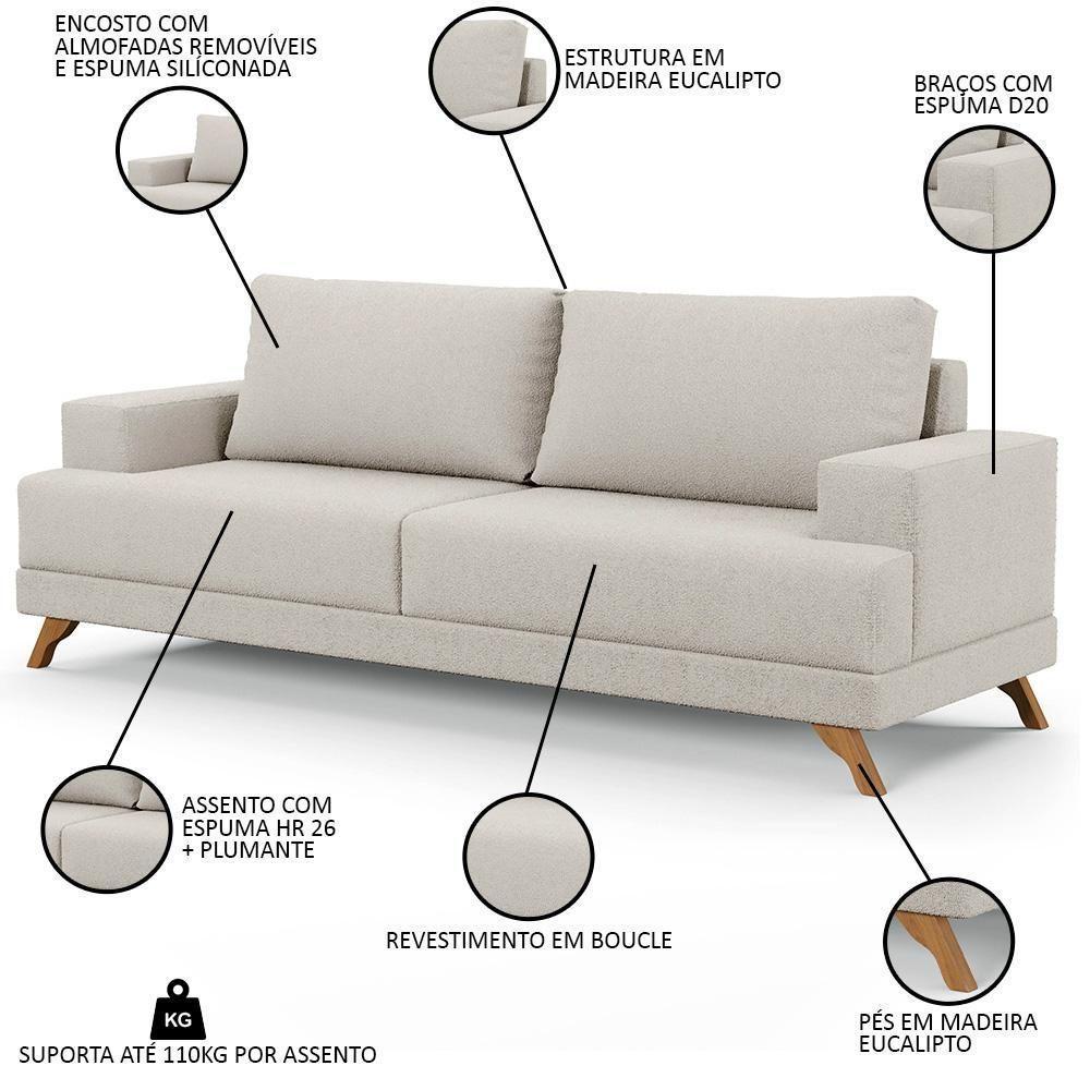 Sofá 3 Lugares 200cm Living Pés Curvos Santi D05 Boucle Creme - Mpozenato - 3