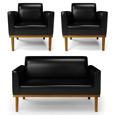 Sofá Namoradeira E 2 Poltronas Base Madeira Castanho Maressa Sintético Pu Preto - Ibiza