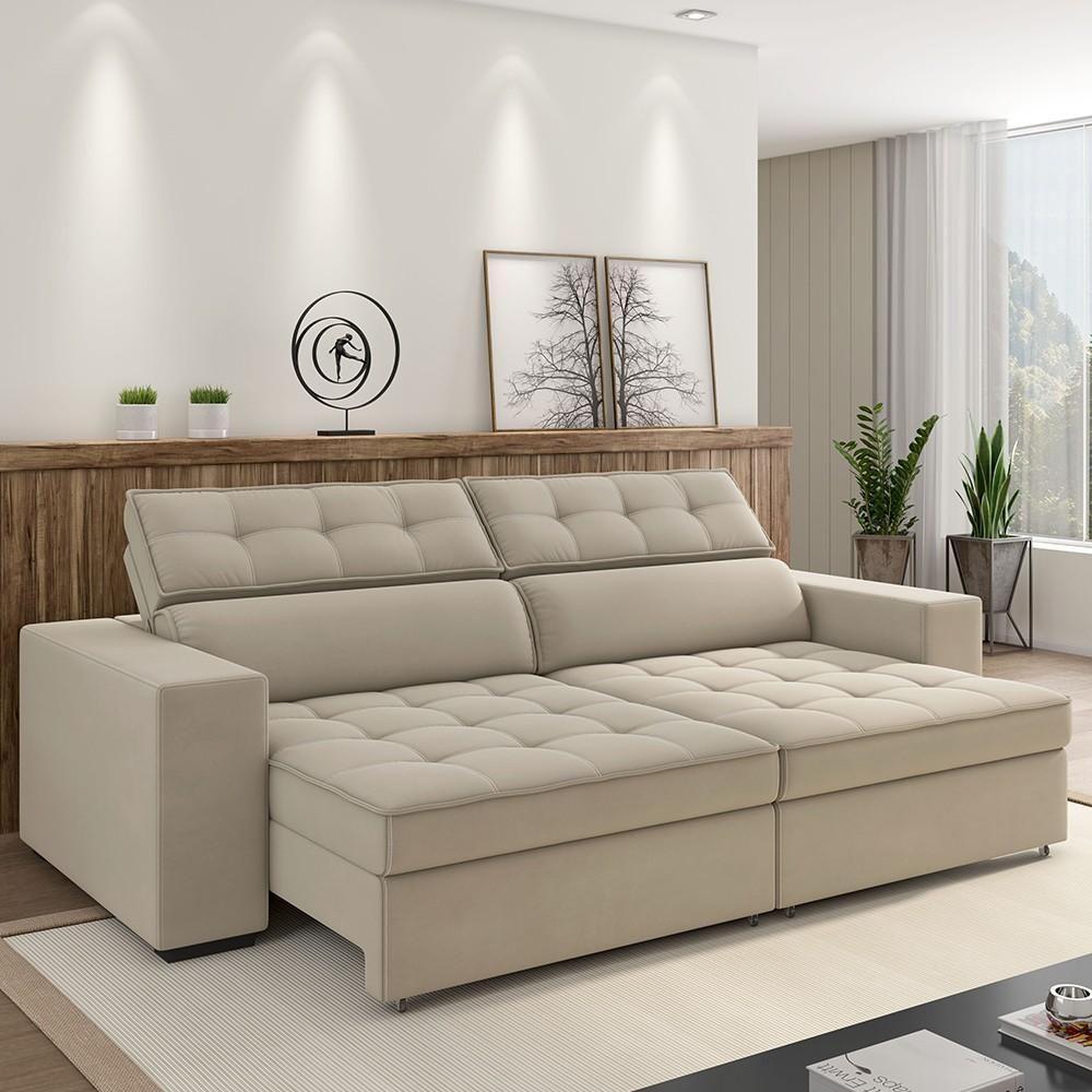 Sofá Retrátil Reclinável 3 Lugares 218cm Vick M22 Suede Bege - Mpozenato - 2