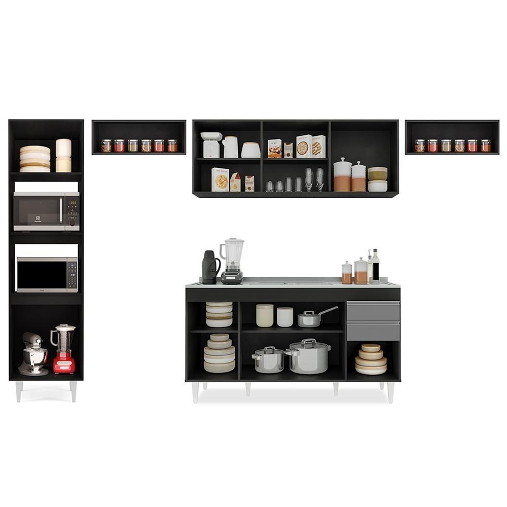 Armário De Cozinha Modulada 5 Peças Cp15 Balcão Com Pia Inox Preto/cinza - Lumil - 5