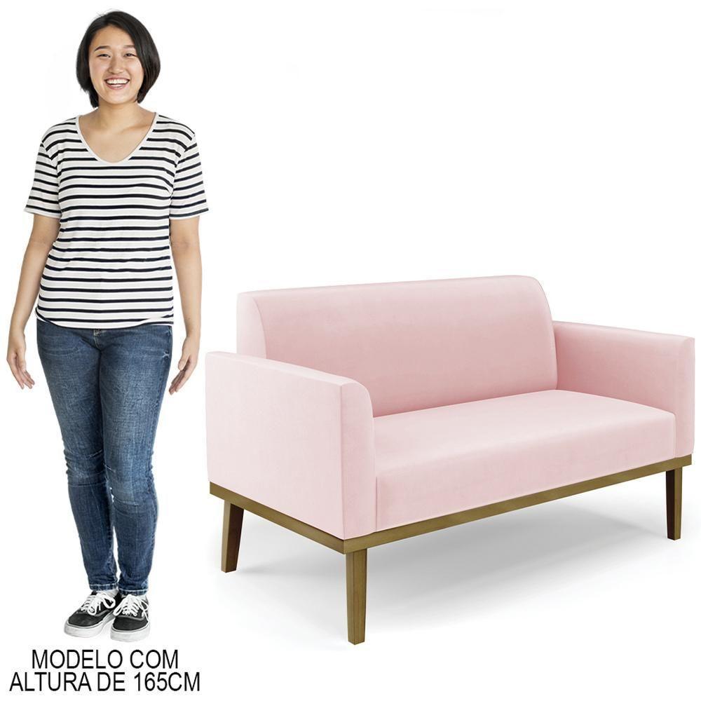 Sofá Namoradeira Base Madeira Castanho Maressa Suede Rosa Bebê - Ibiza - 8