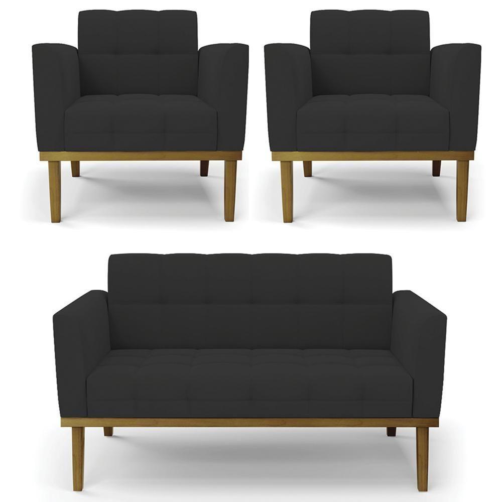 Sofá Namoradeira E 2 Poltronas Base Madeira Castanho Ana Veludo Preto - Ibiza - 1