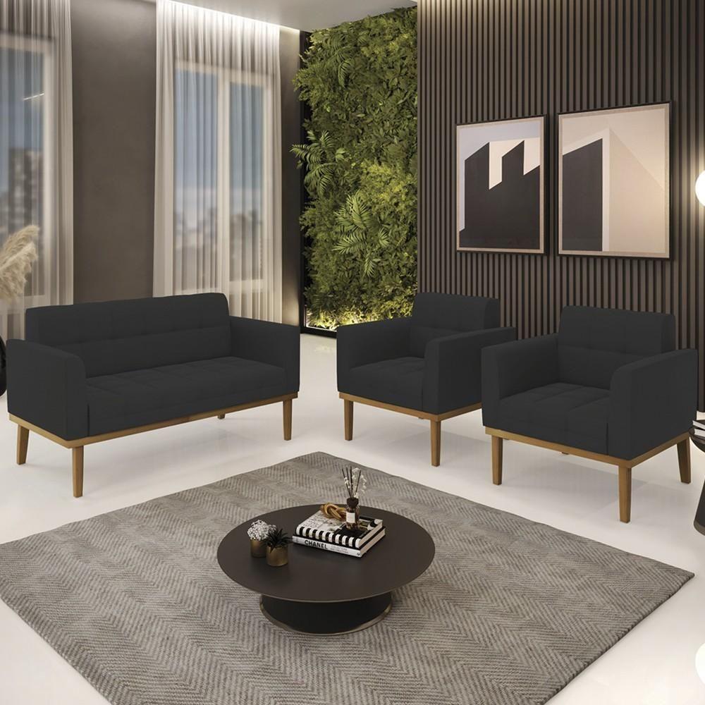 Sofá Namoradeira E 2 Poltronas Base Madeira Castanho Ana Veludo Preto - Ibiza - 2