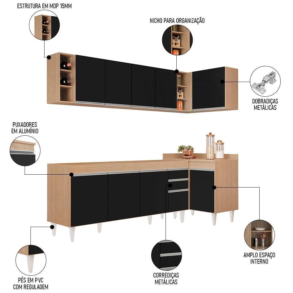 Armário De Cozinha Modulado De Canto Esquerdo 5 Peças Cp52 Balcão Sem Tampo Castanho/preto - Lumil - 3