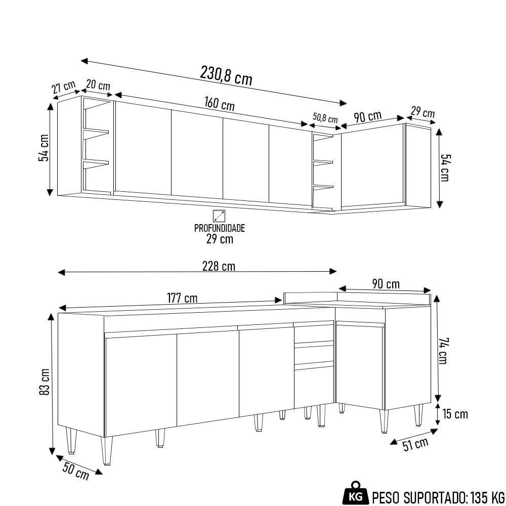 Armário De Cozinha Modulado De Canto Esquerdo 5 Peças Cp52 Balcão Sem Tampo Castanho/preto - Lumil - 4