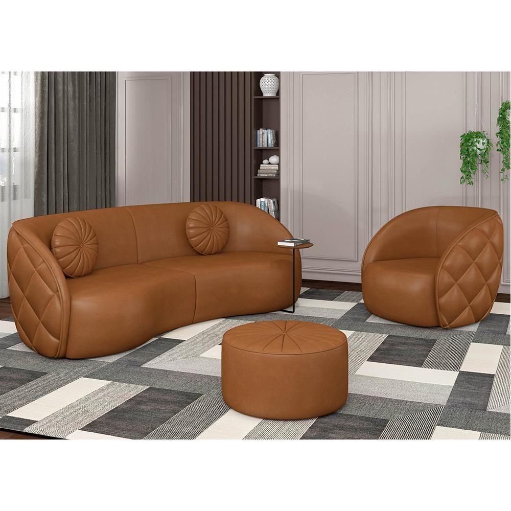 Sofá Decorativo 3 Lugares 240cm Com Almofadas E Poltrona Zion M22 Sintético Caramelo - Mpozenato - 2