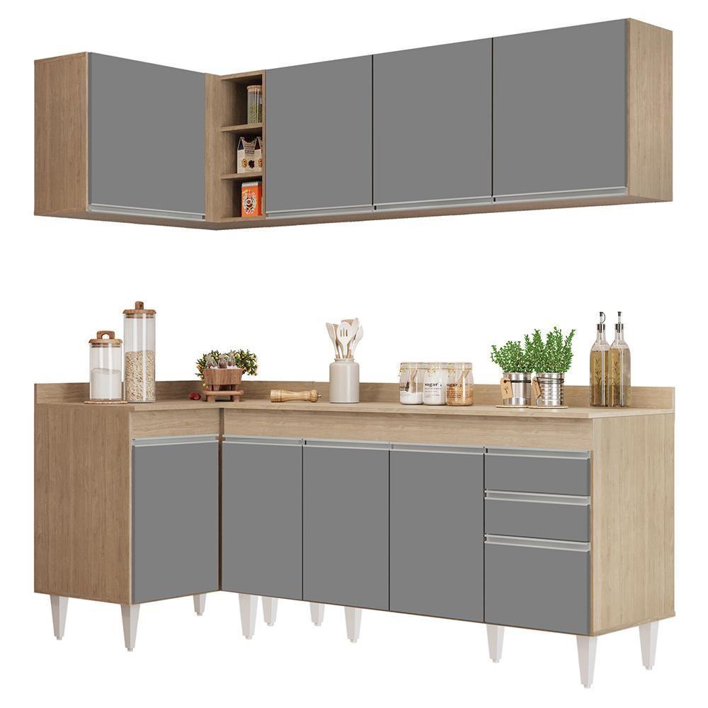Armário De Cozinha Modulado De Canto Direito 4 Peças Cp41 Balcão Com Tampo Castanho/cinza - Lumil - 1