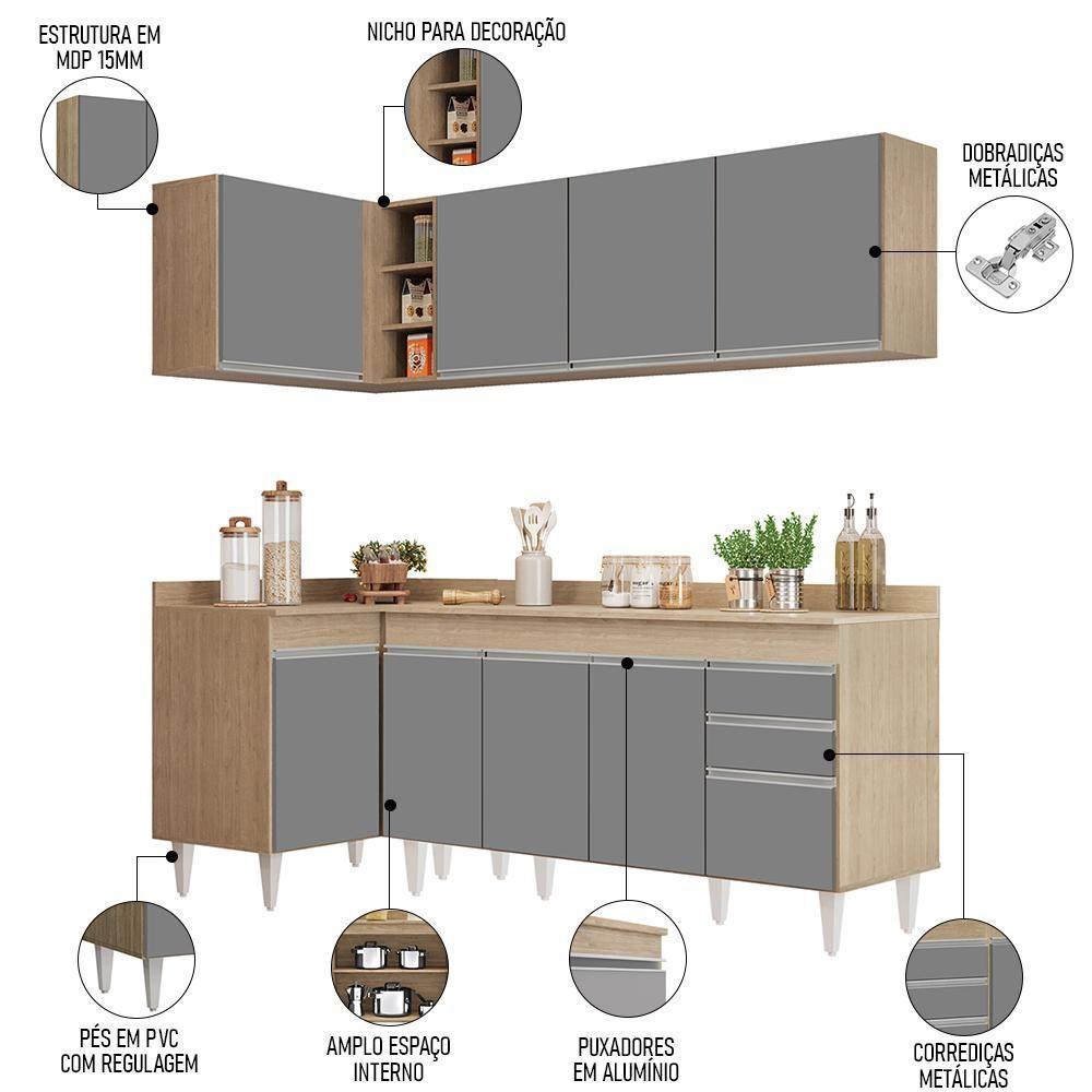 Armário De Cozinha Modulado De Canto Direito 4 Peças Cp41 Balcão Com Tampo Castanho/cinza - Lumil - 3
