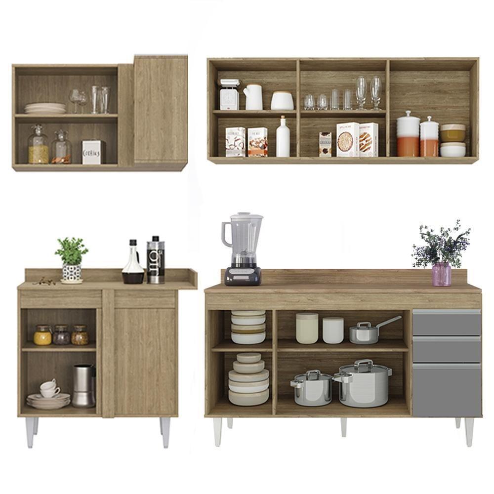 Armário De Cozinha Modulado De Canto Direito 4 Peças Cp41 Balcão Com Tampo Castanho/cinza - Lumil - 6