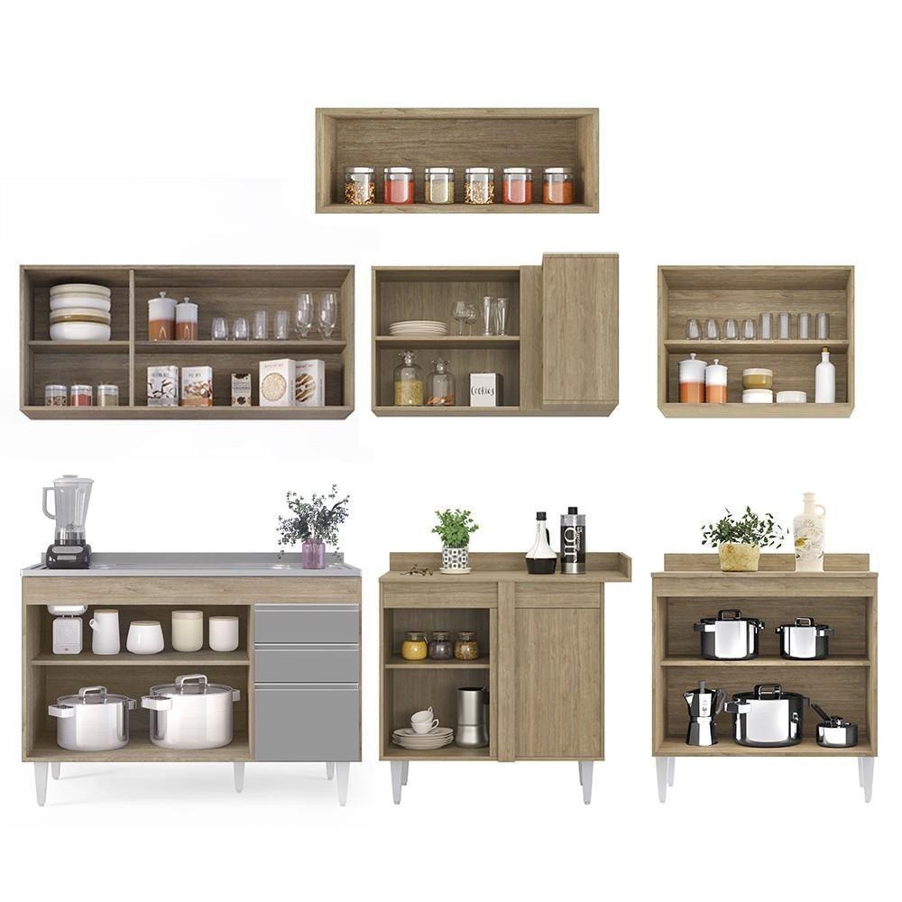 Armário De Cozinha Modulado De Canto 7 Peças Cp21 Com Pia Inox Castanho/cinza - Lumil - 2