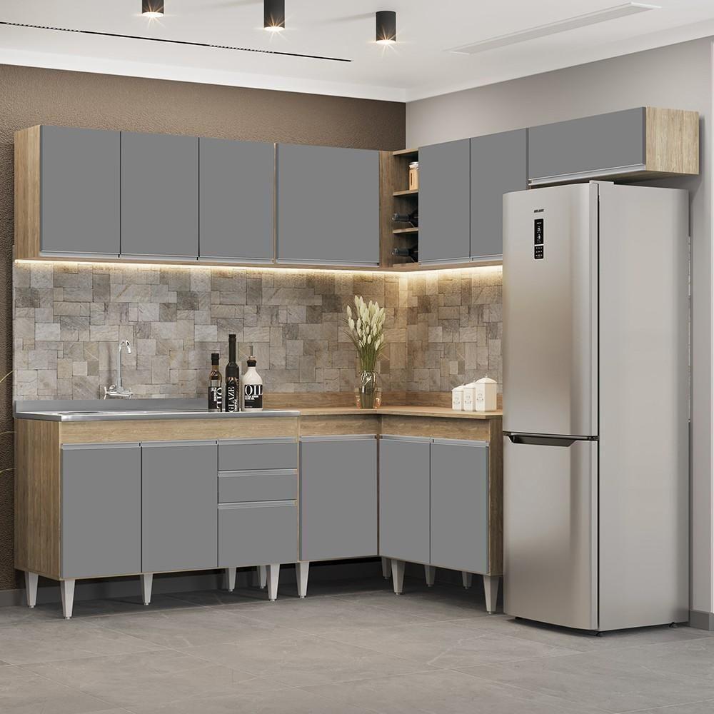 Armário De Cozinha Modulado De Canto 7 Peças Cp21 Com Pia Inox Castanho/cinza - Lumil - 5