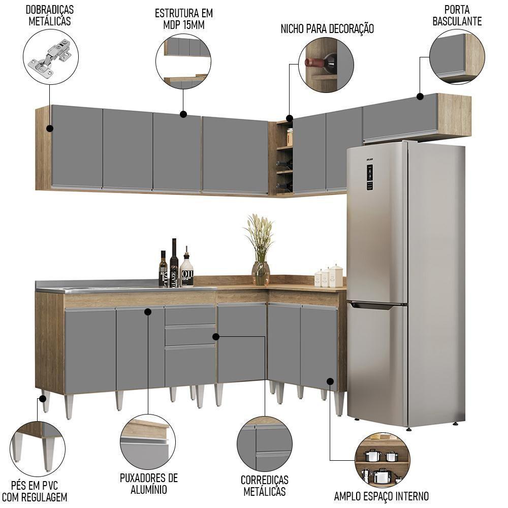 Armário De Cozinha Modulado De Canto 7 Peças Cp21 Com Pia Inox Castanho/cinza - Lumil - 6