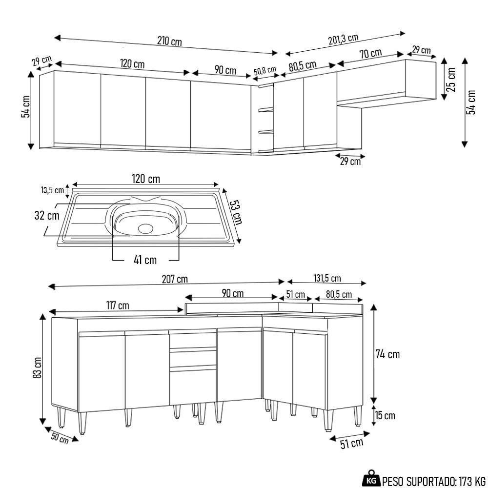 Armário De Cozinha Modulado De Canto 7 Peças Cp21 Com Pia Inox Castanho/cinza - Lumil - 7