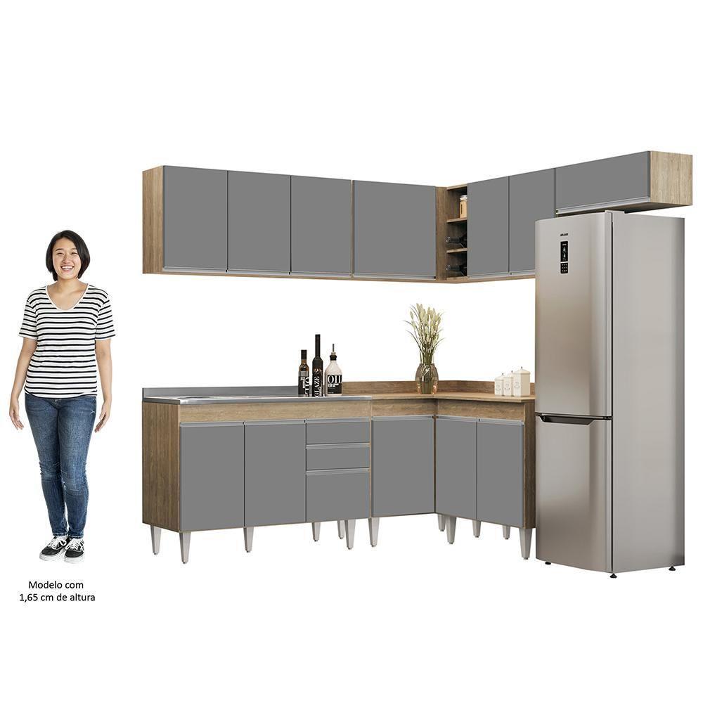 Armário De Cozinha Modulado De Canto 7 Peças Cp21 Com Pia Inox Castanho/cinza - Lumil - 9
